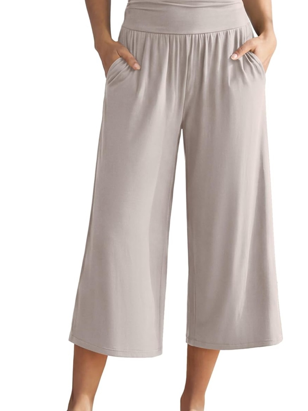 Wide Leg Cropped Pants with Pockets - Light Beige